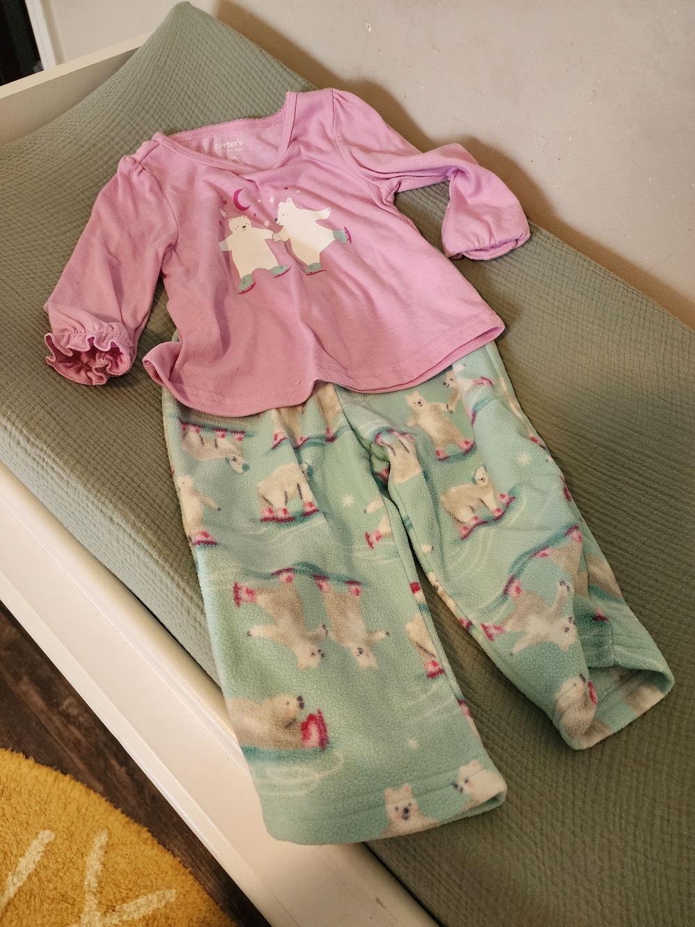 Carter's Pink Polar Bear Top with Mint Green Polar Print Pants Pajama Set